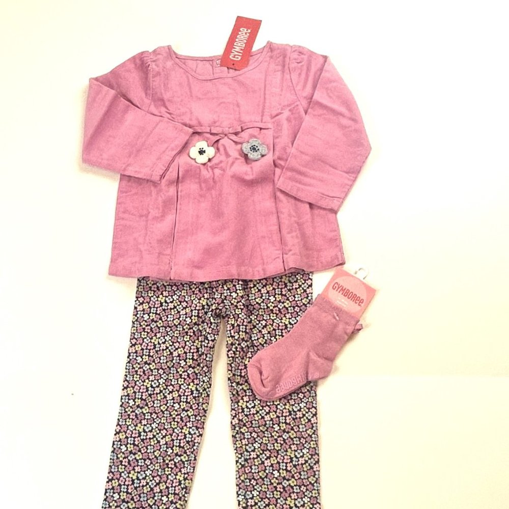 NWT Gymboree Girl Ditsy Flower Legging, Pleated Corduroy Flower Top & Sock18-24